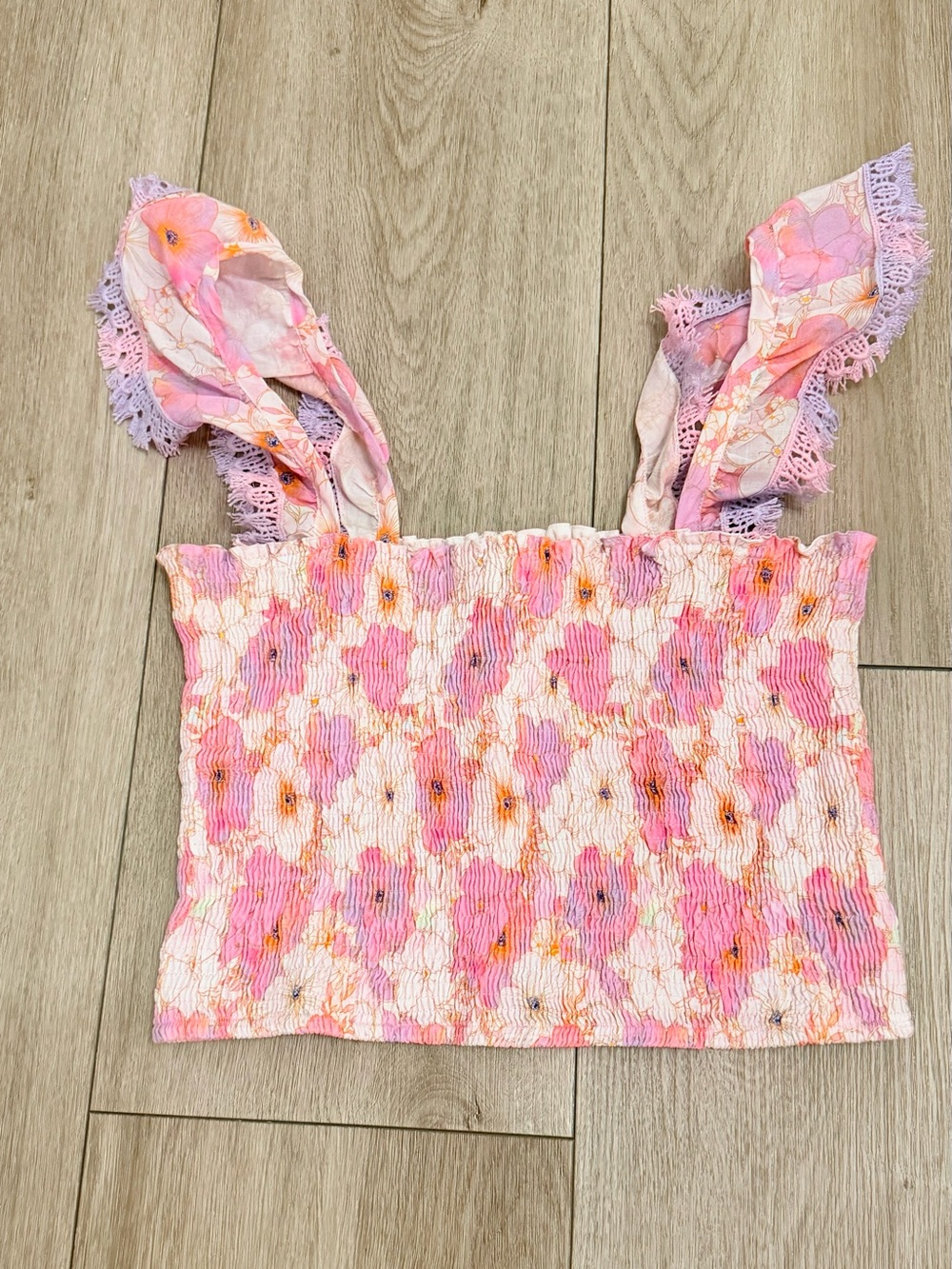 Peixoto Light Pink Floral Smocked Top with Lace Straps